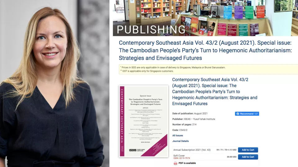 photo of Dr. Astrid Norén-Nilsson next to screenshot of ISEAS Publishing website.