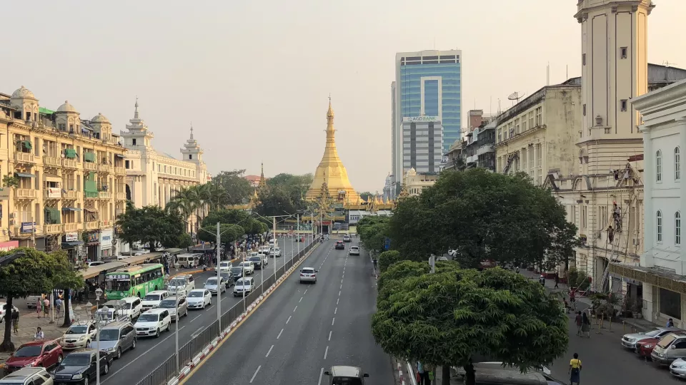 Sule Pagoda Road in downtown Yangon, with a view towards Sule Pagoda