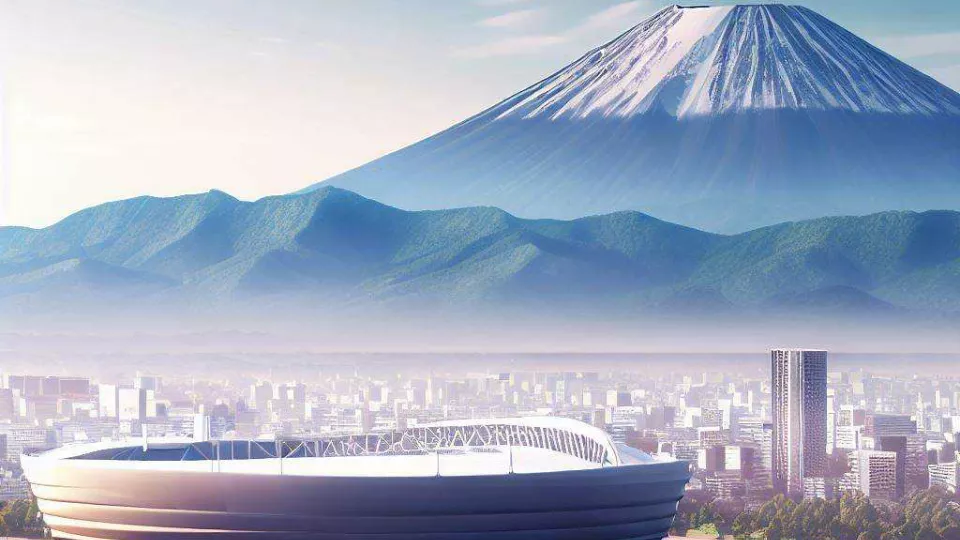 ai generated image. mount fuji in background. olympic stadium in foreground
