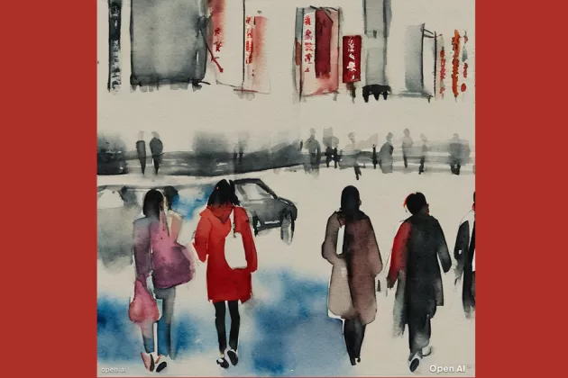 Ai generated water colour image of young Chinese people walking down a street. 