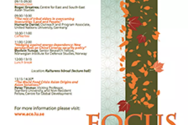 Poster for focus asia november 2008. orange fall leaves on green background. Illustration.