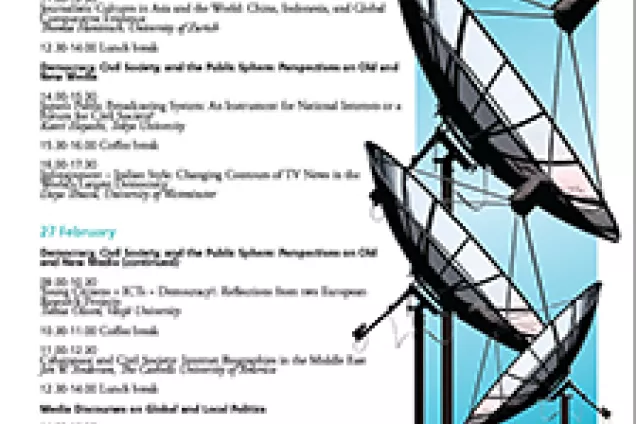 Poster for focus asia february 2009. Stylised illustration of TV satellites.
