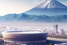 ai generated image. mount fuji in background. olympic stadium in foreground