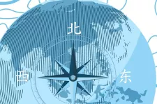 a blue globe with a compass and the cardinal directions in Chinese