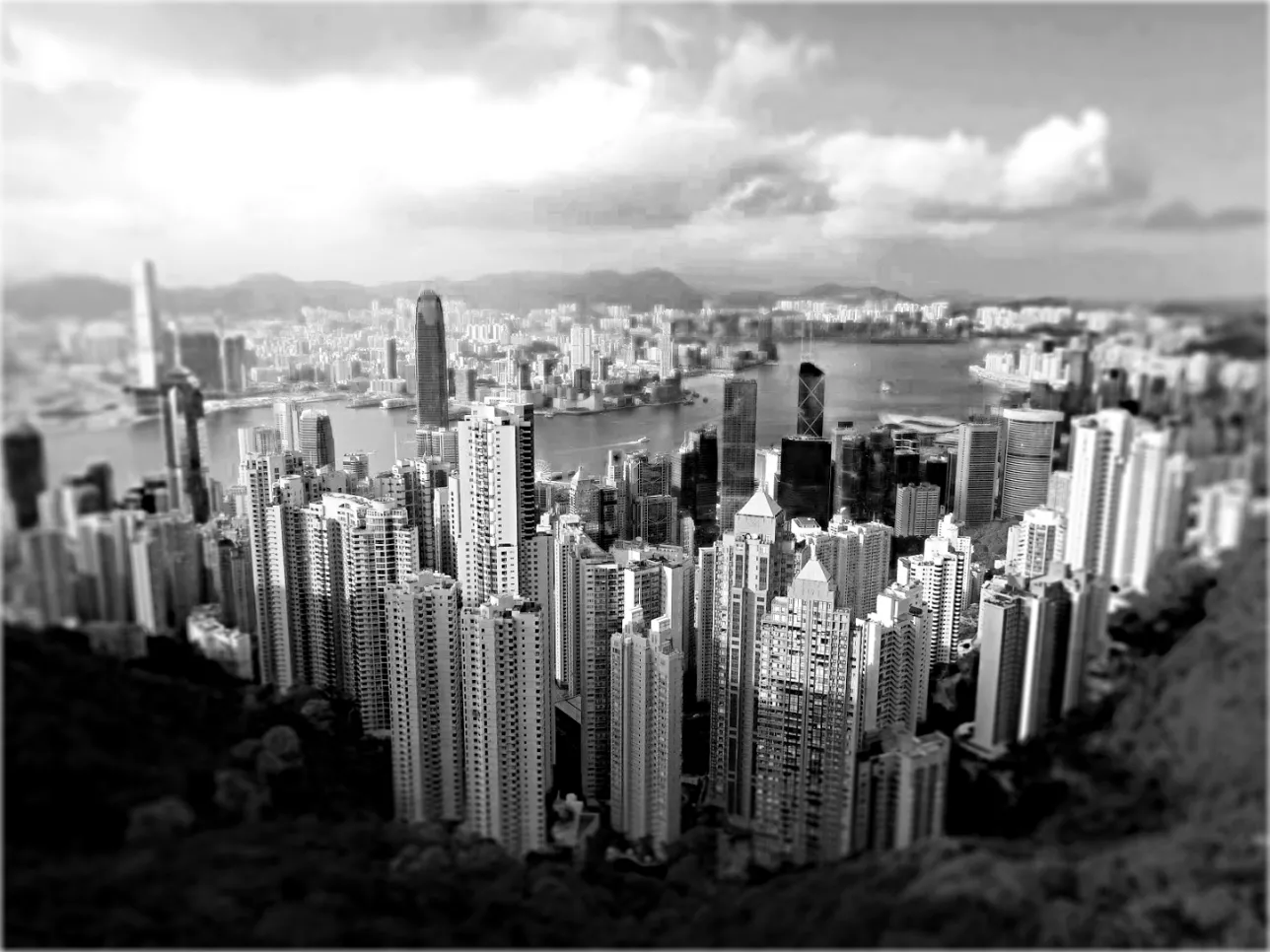 View from Victoria Peak, Hong Kong. Black and white photo.